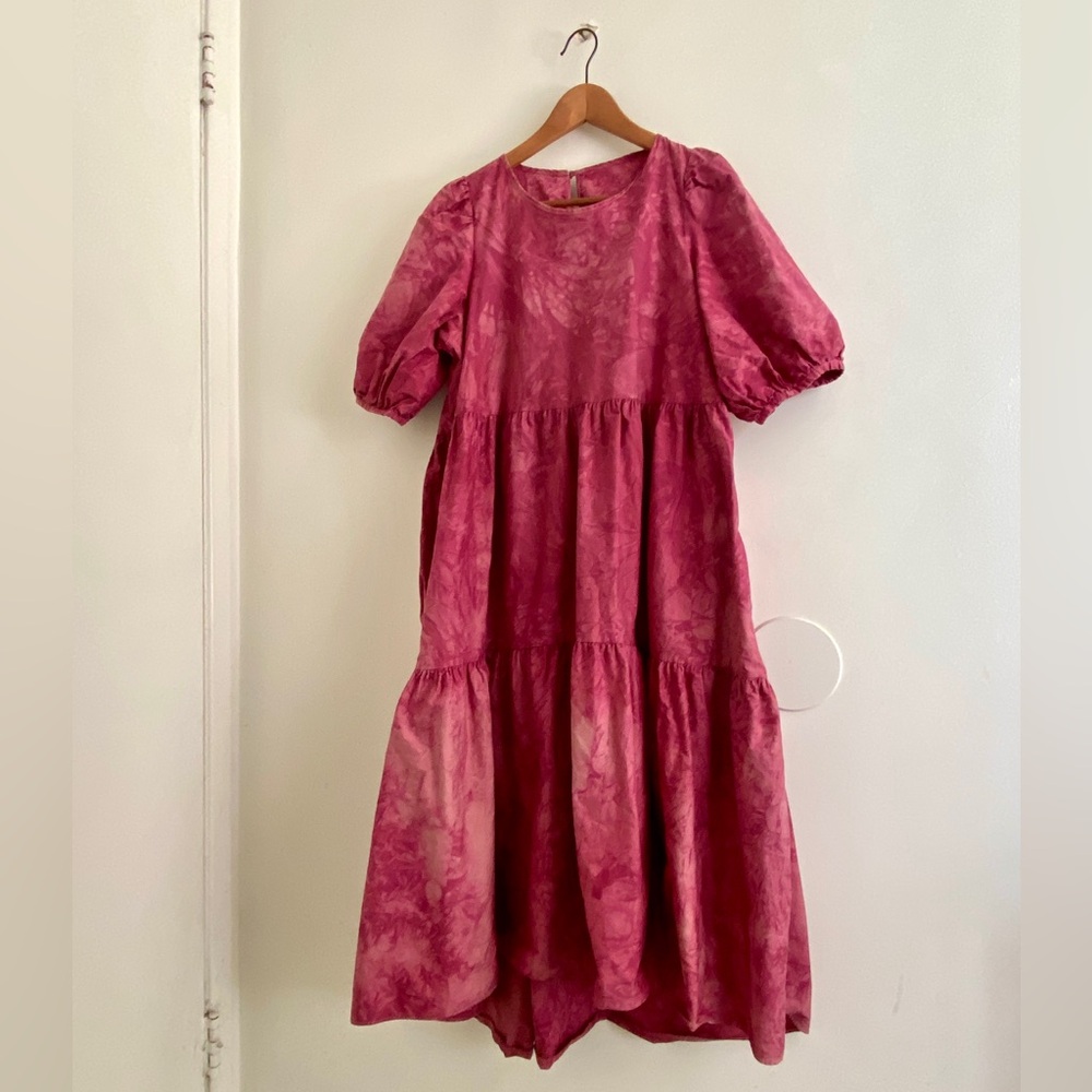 Hand dyed cherry 🍒 fuchsia cotton dress with puffy sleeves